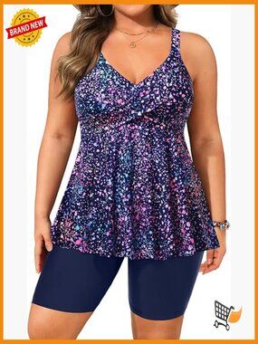Plus Size Tankini Set with Shorts Tummy Control Flowy Swimwear 2 Piece